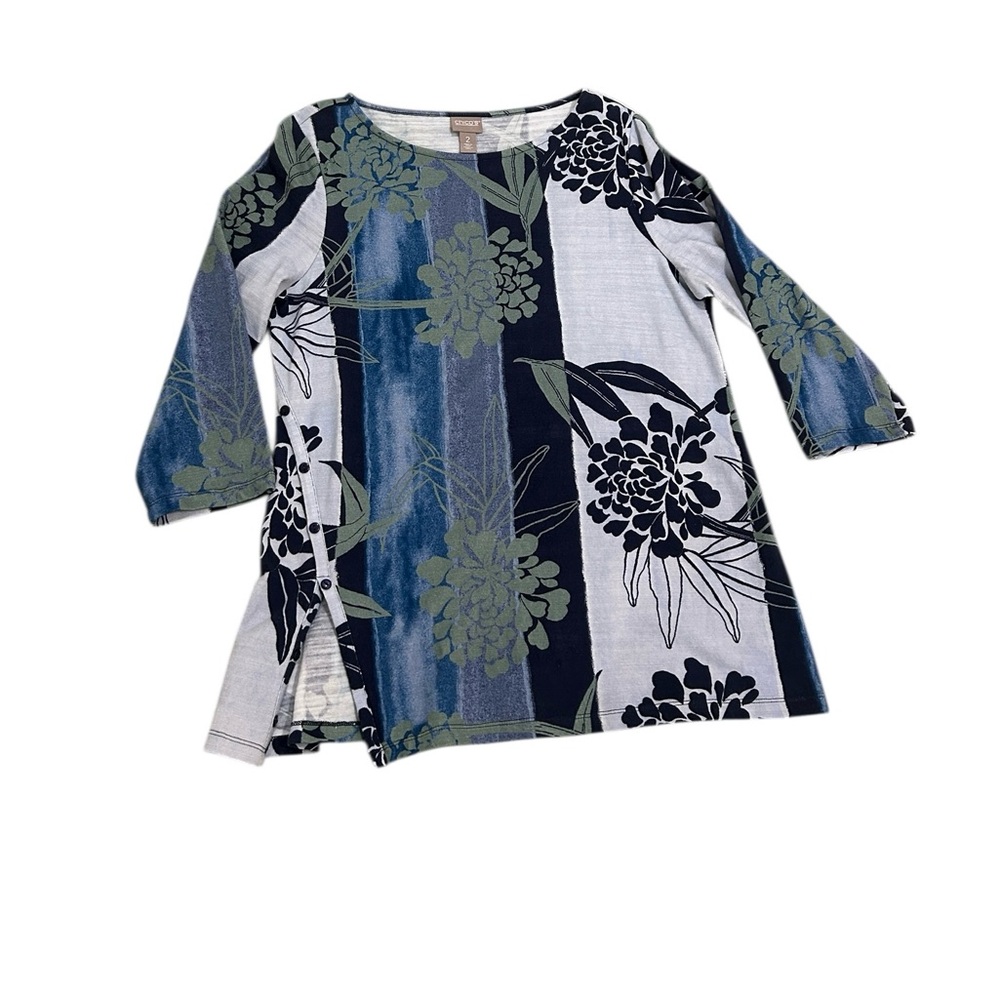 Chico's Blue, Green & Navy Floral Stripe Scoop Neck Top 3/4 sleeve size large - Picture 6 of 9